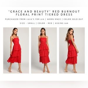 “Grace and Beauty” Red Burnout Floral Print Tiered Dress